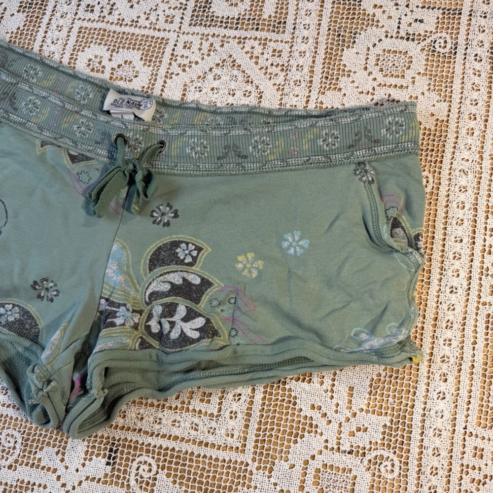 Old Navy VTG Sage Green Floral Paisley Cotton Micro Mini Lounge Shorts Sz L Y2K - Picture 10 of 11